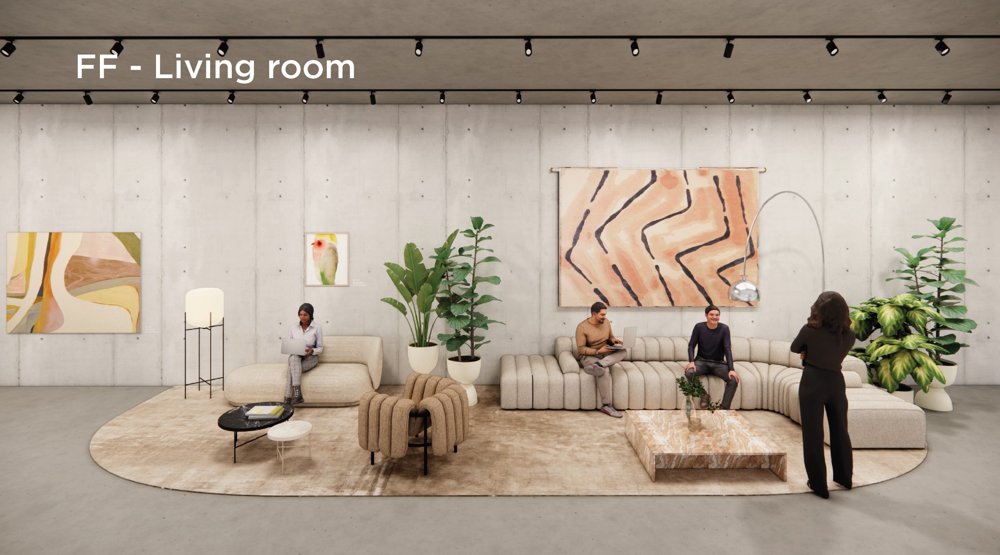 Moderne woonkamer met kunst aan de muur, gezellige zithoek en mensen die ontspannen of werken.